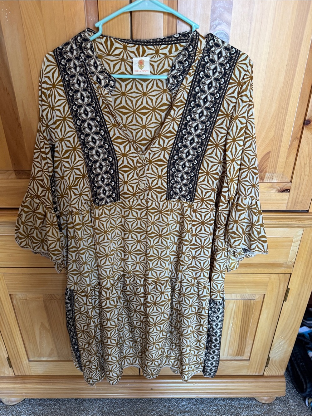 Boho Geometric Mustard and Cream Midi Dress with Embroidered Trim
